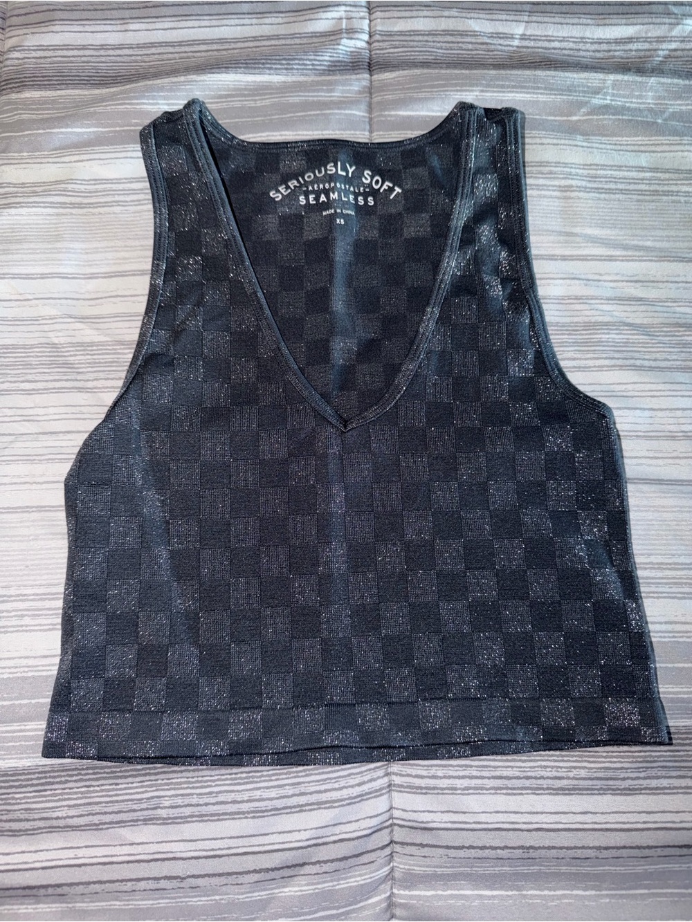 Aeropostale Dark Gray Check Seamless V-Neck Crop Tank
